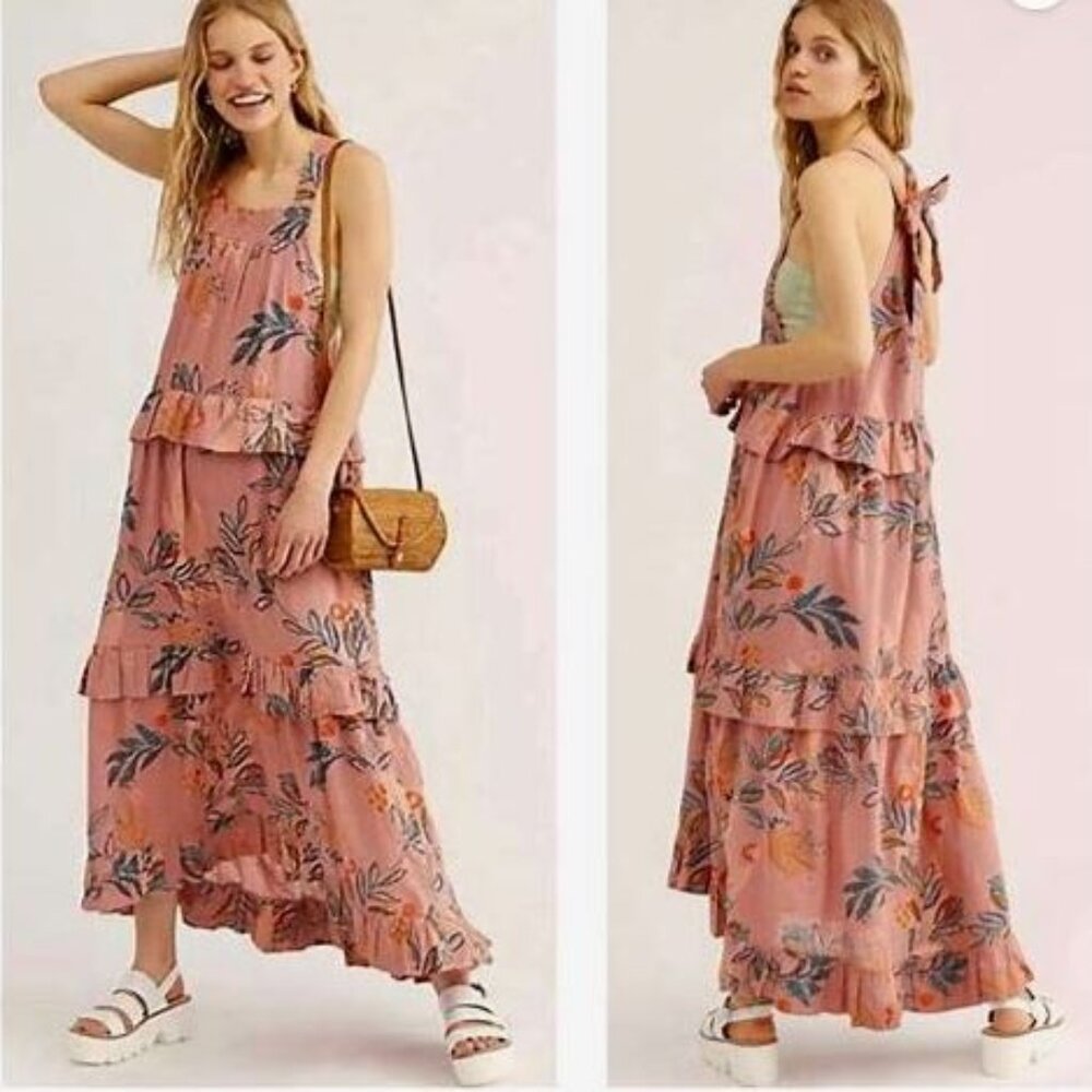 Free People Anita Desert Rose Combo Floral Ruffled Tiered Maxi Dress Size M